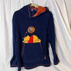Womens L Disney Winnie the Pooh Navy Fleece Sweatshirt Pullover Hooded Hunny Pot